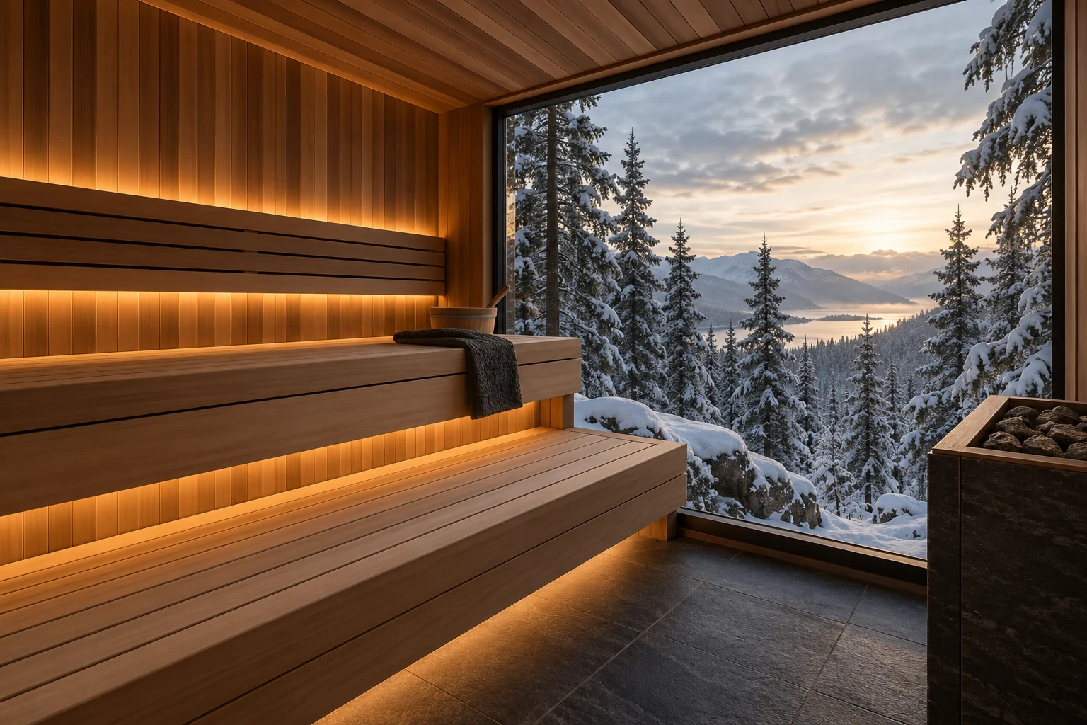 Cedar benches and warm indirect lighting with a forest view