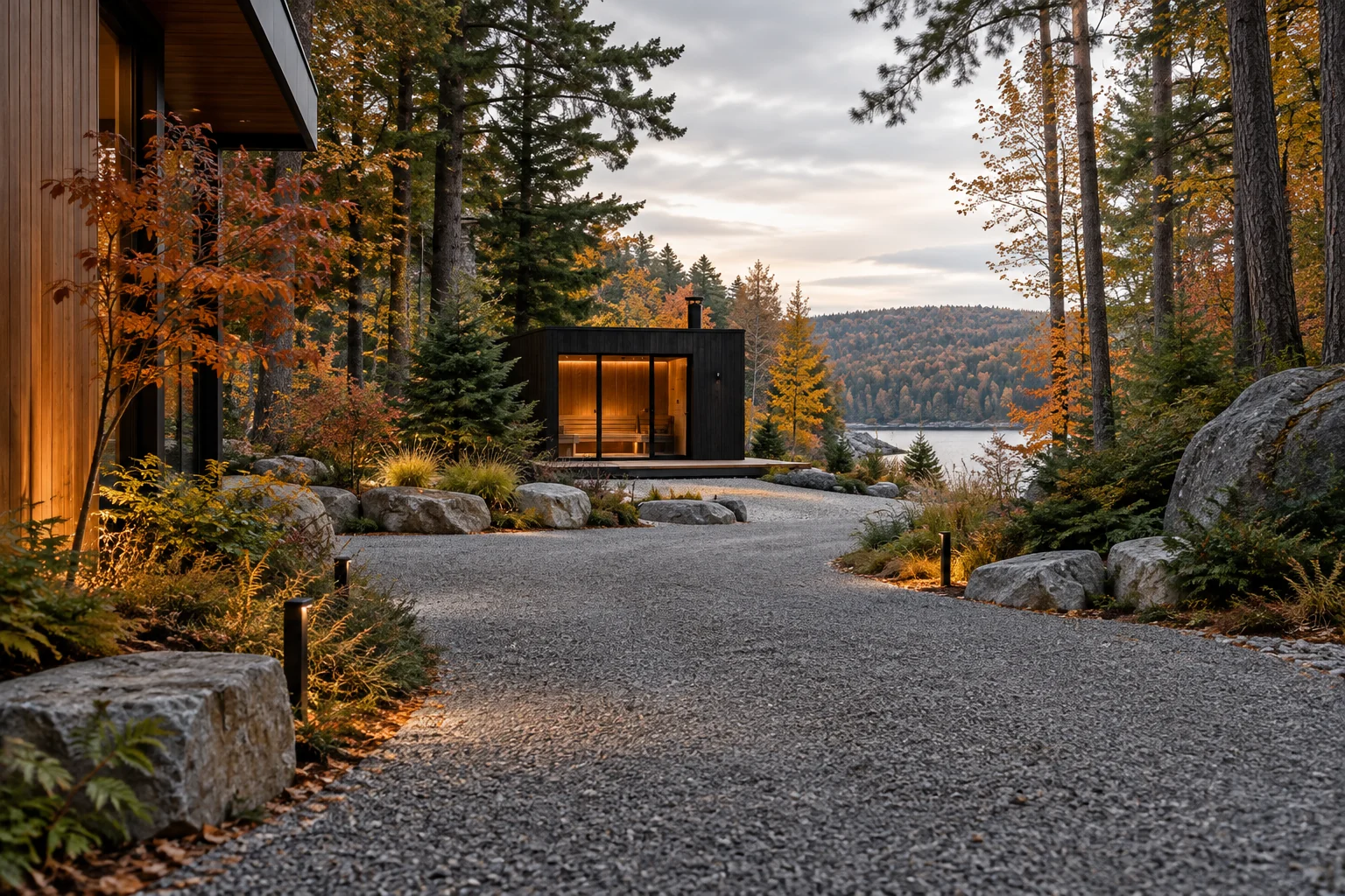 Gravel access route to a private garden sauna