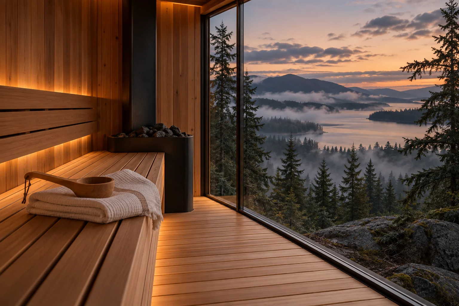 Folded linen and wooden ladle on a cedar bench at twilight