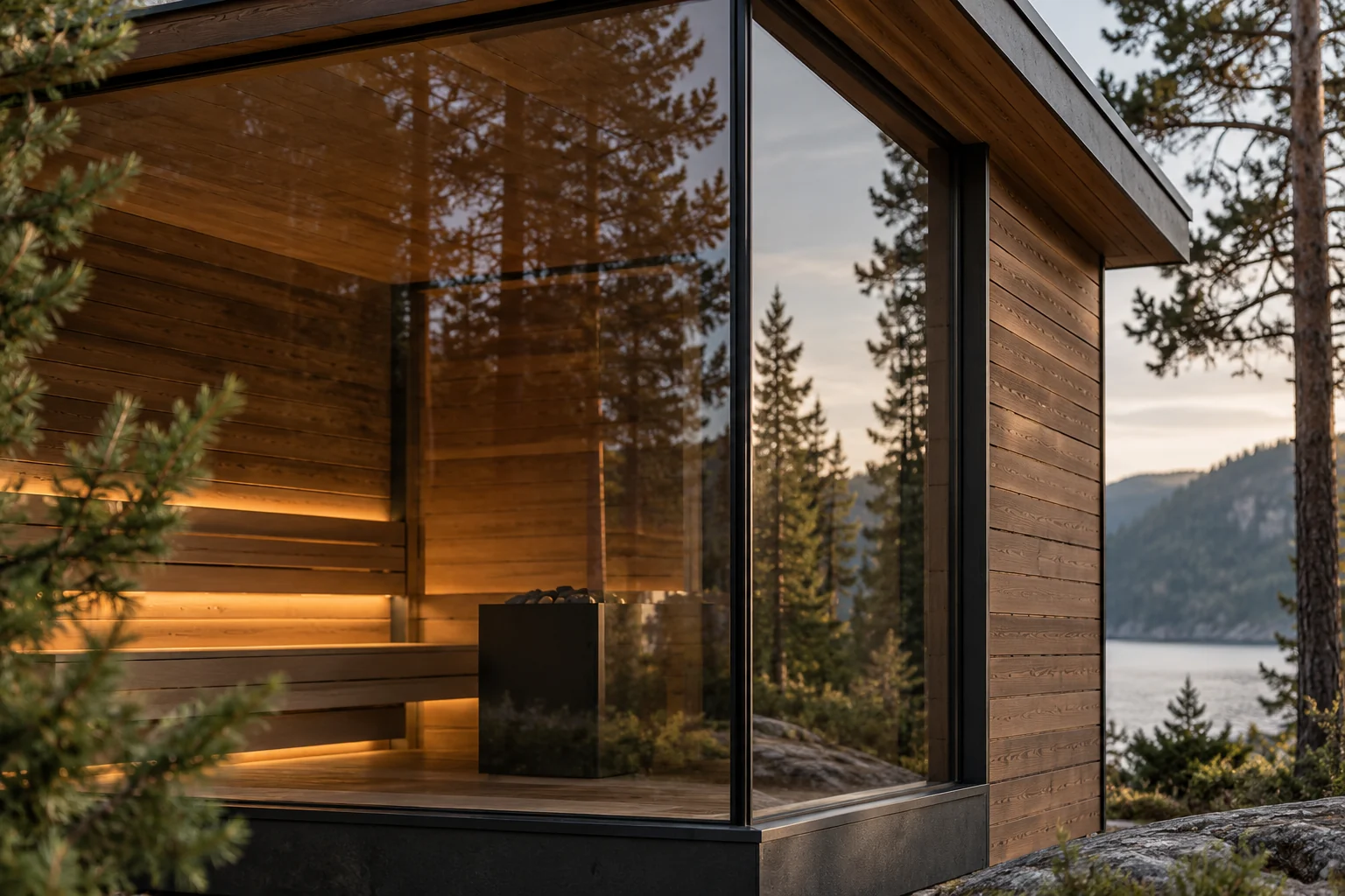 Panoramic glass corner meeting cedar with reflected trees
