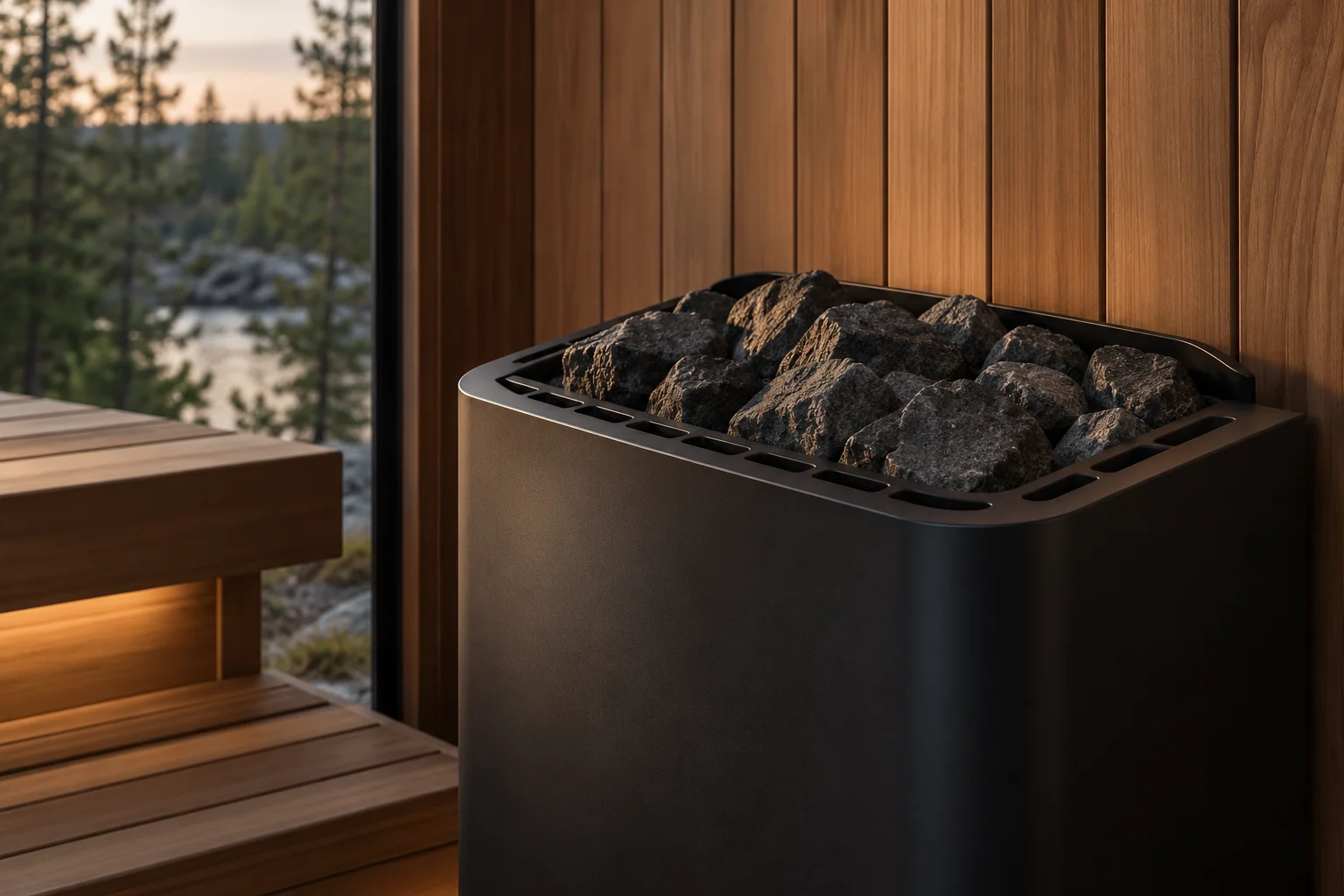 Dark sauna stones in a black electric heater