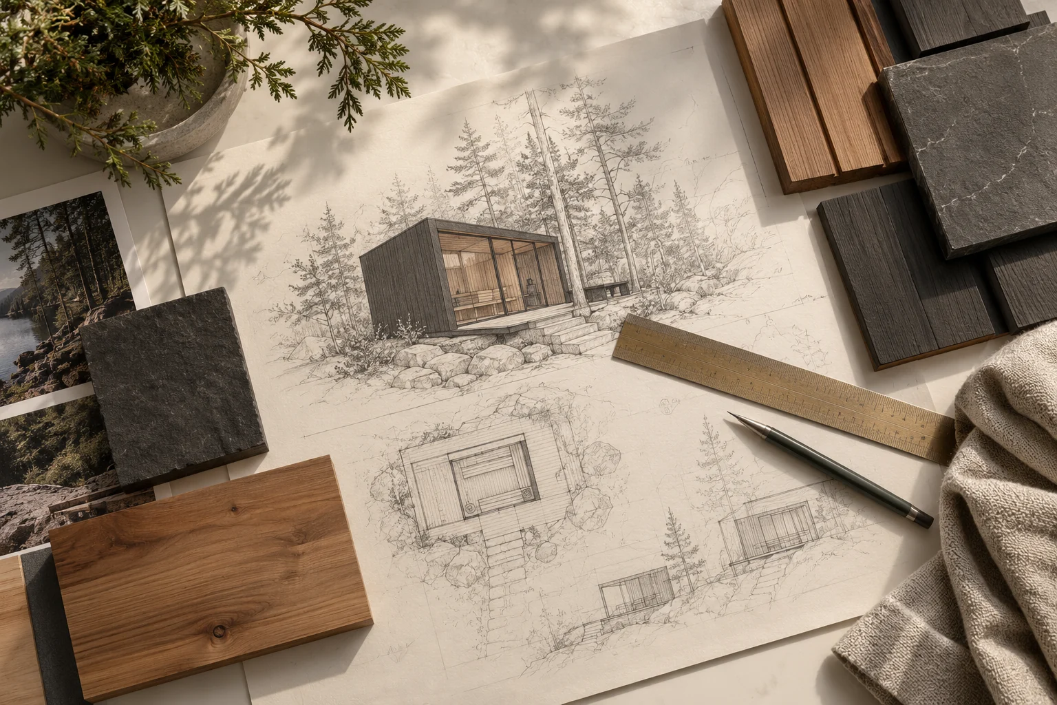 Project sketch, ruler and material samples on an architecture desk