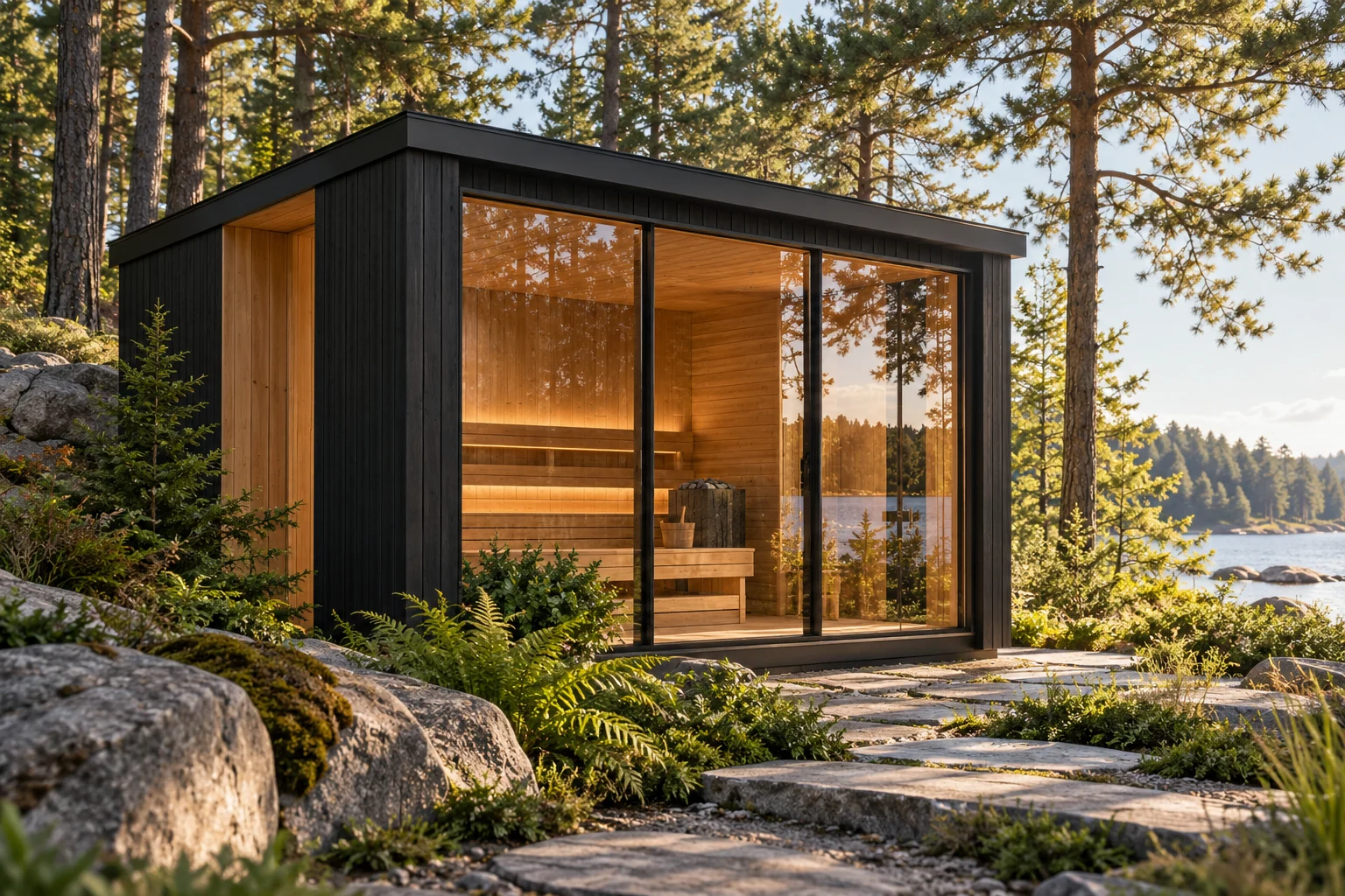Pavillon anthracite à façade vitrée dans un jardin verdoyant