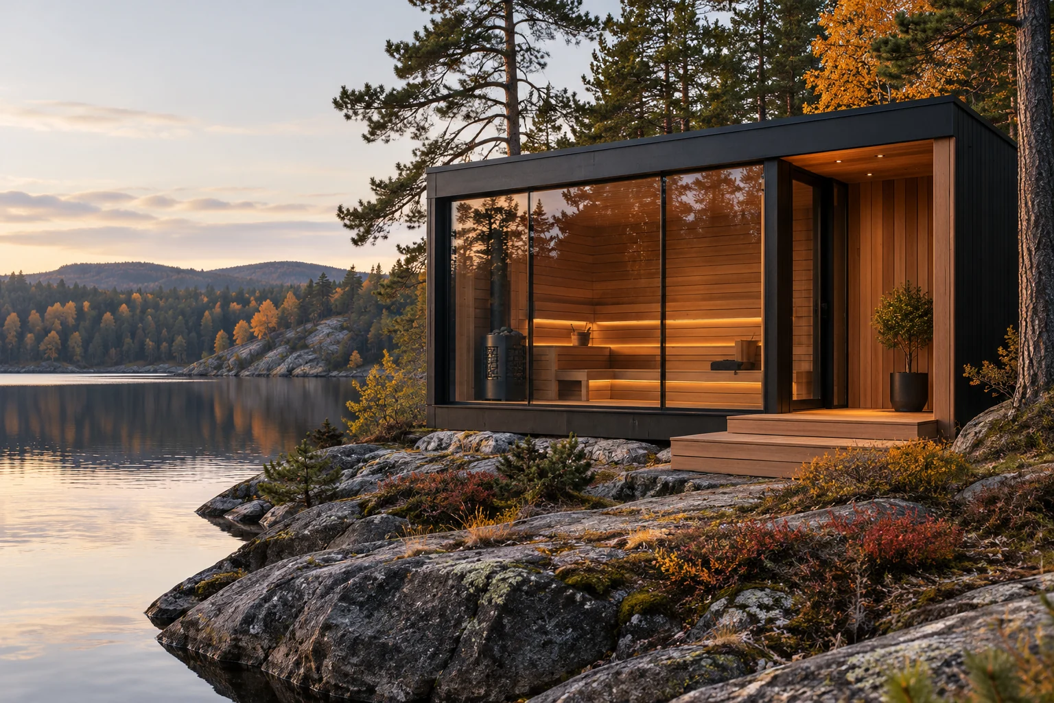 Sauna pavilion and small entry terrace beside an autumn lake