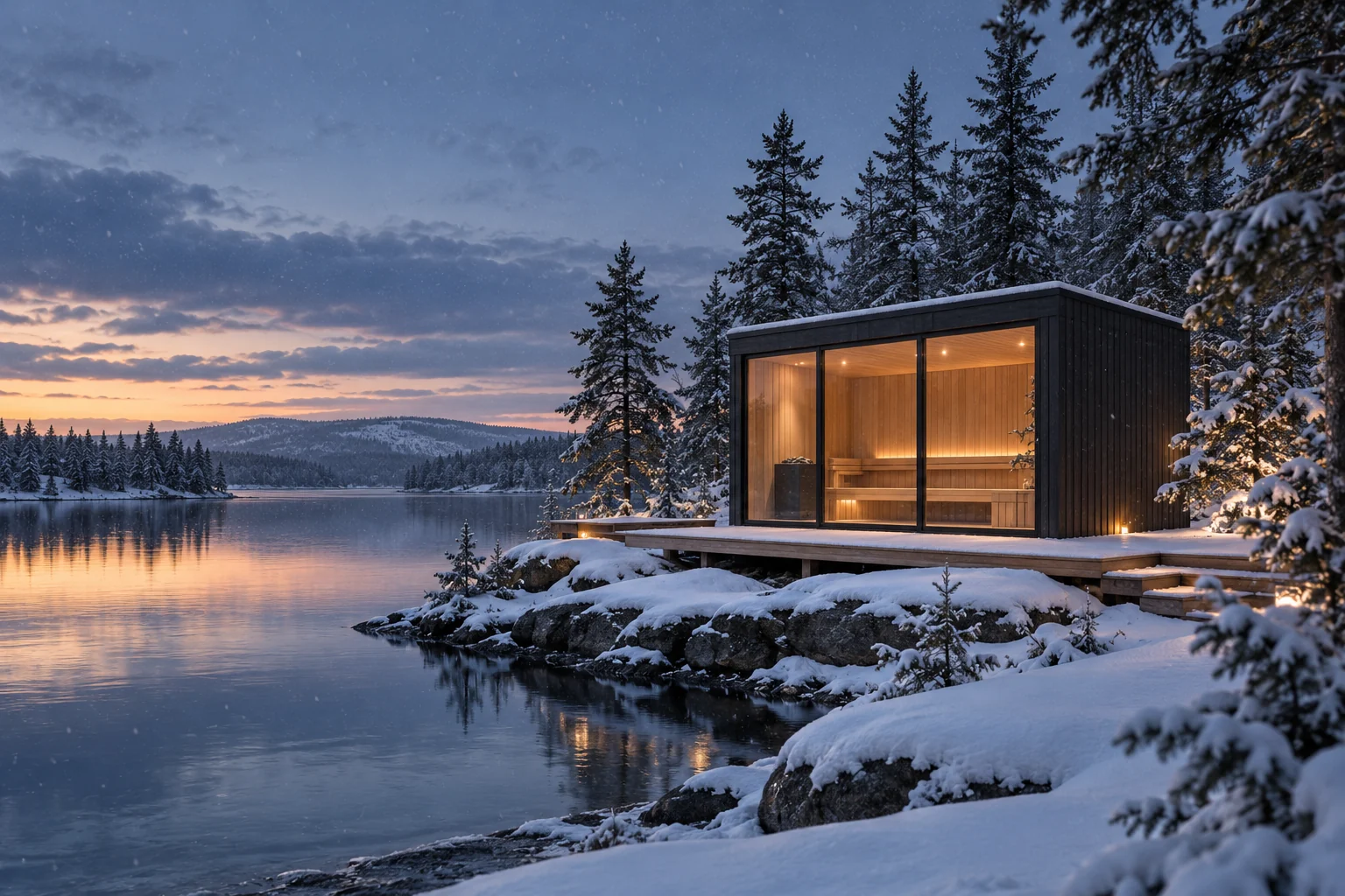Warm cedar sauna pavilion beside a snowy lake and evergreen forest